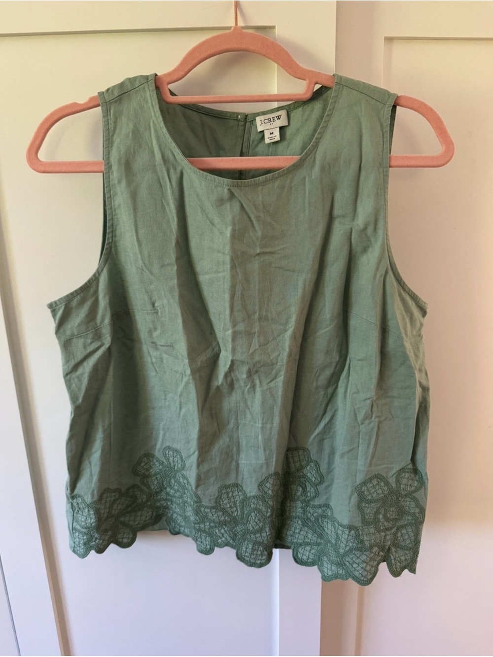 J. Crew Sage Green Sleeveless Embroidered Hem Tank